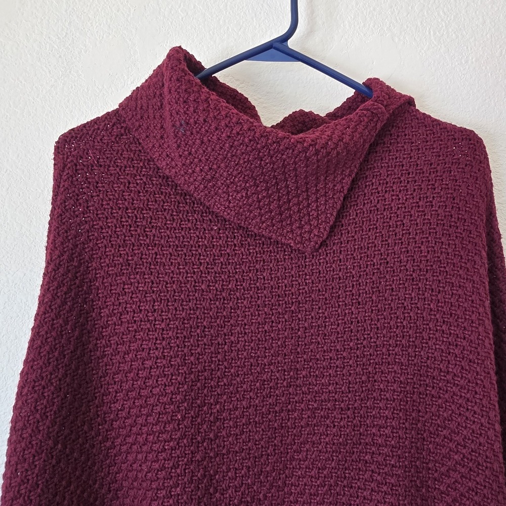 Coldwater Creek Womens OS Wine Red Knit Sweater Poncho Top Fringe Fall Cozy Boho - Picture 3 of 7